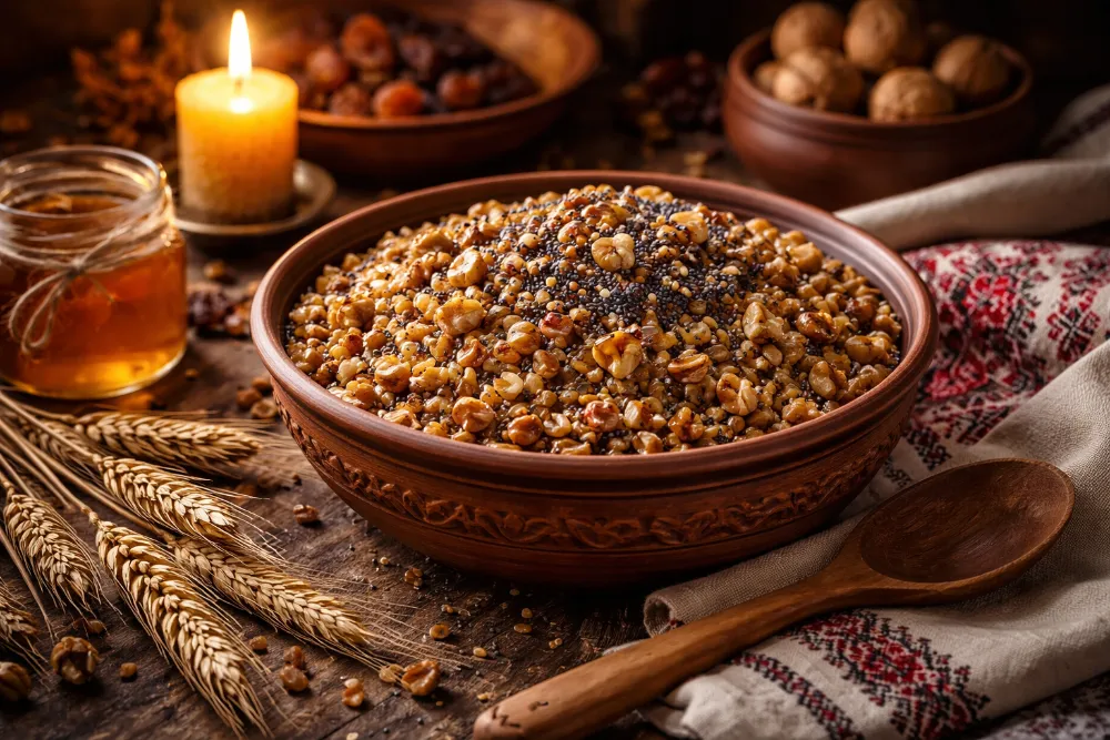 Різдвяна кутя з пшениці в керамічній мисці з маком, горіхами та медом при свічковому світлі