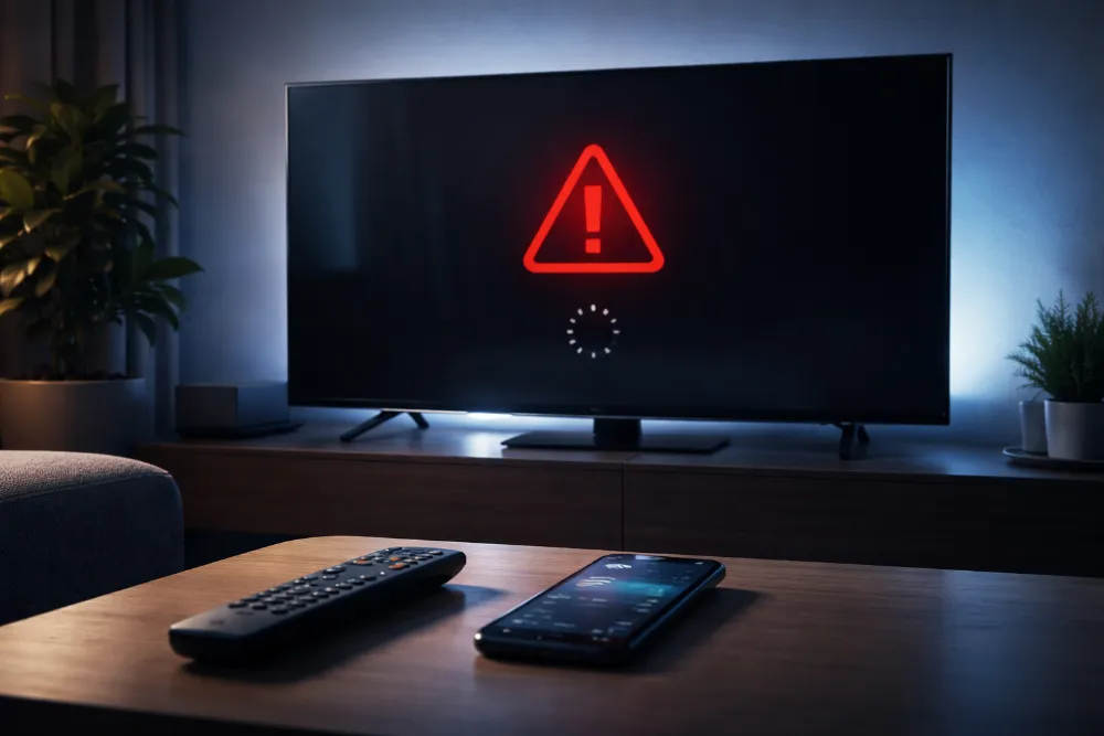 Телевізор з темним екраном і символом помилки, пульт і смартфон під час перевірки YouTube на Smart TV