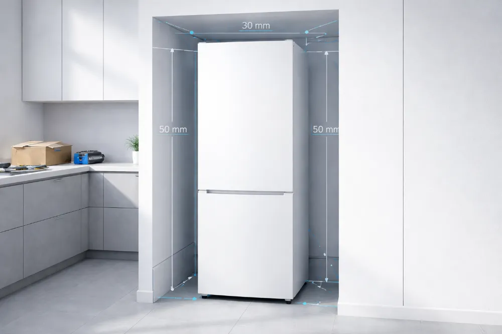 Встановлення холодильника в кухонній ніші з показаними вентиляційними зазорами з боків, ззаду та зверху