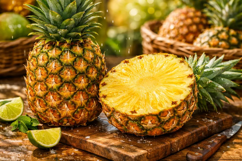 Соковитий стиглий ананас, цілий і розрізаний навпіл, із золотистою м’якоттю та зеленим листям на дерев’яній дошці