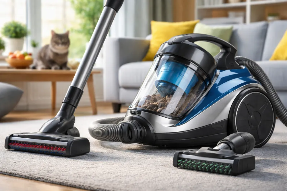 Циклонний пилосос у вітальні під час прибирання Циклонний пилосос з контейнером для пилу та насадками у світлій вітальні, приклад побутового прибирання