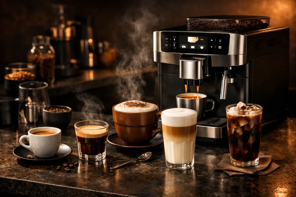 Сучасна кавомашина та популярні кавові напої вдома Напої в сучасній кавомашині: еспресо, капучино, латте та айс-кава на темній стільниці