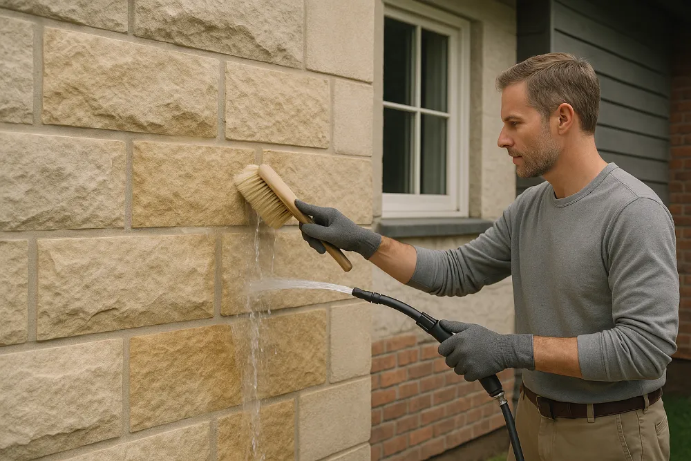 М’яке очищення фасаду будинку з каменю низьким напором води та щіткою без пошкодження поверхні