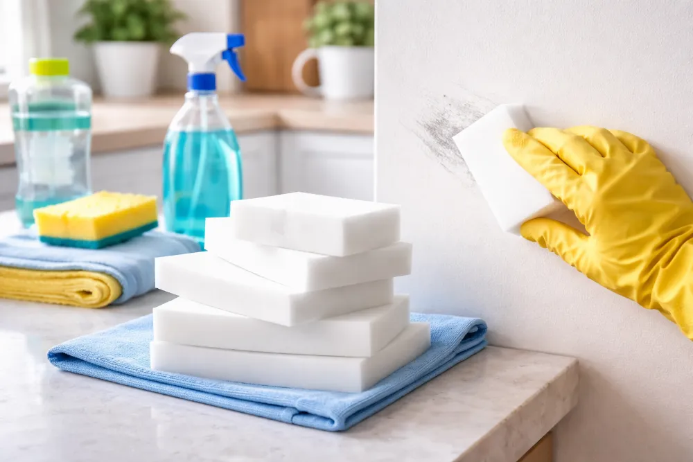 Меламінова губка крупним планом очищає білу поверхню, видно контраст між брудною та чистою ділянкою