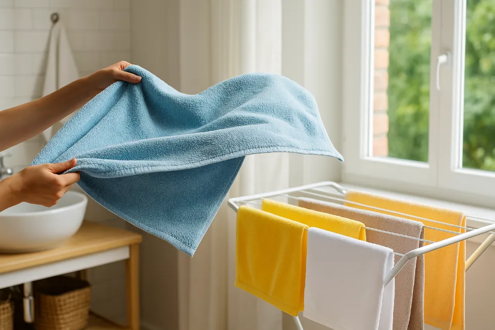 Струшування рушника перед сушінням на сушарці біля вікна для швидкого висихання без запаху