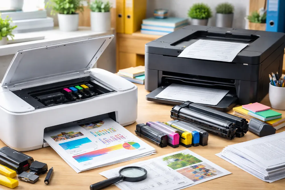 Ресурс картриджа для принтера в домашньому та офісному друці Струменевий і лазерний принтери з картриджами та надрукованими документами на робочому столі