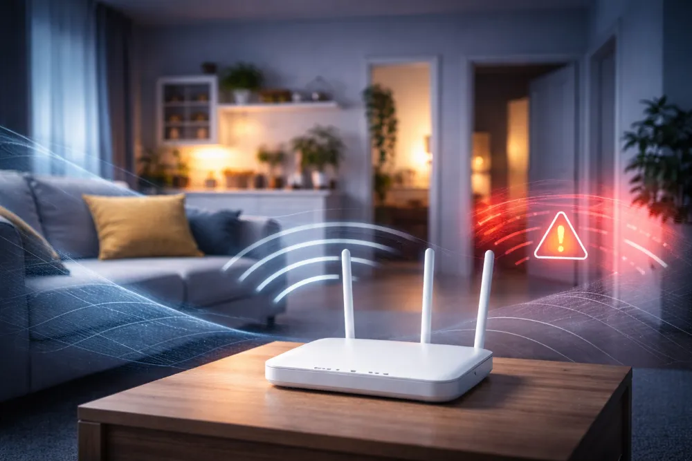 Домашній Wi-Fi роутер у квартирі зі слабким сигналом та візуальними перешкодами від стін і меблів