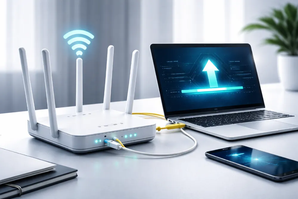 Маршрутизатор і ноутбук під час оновлення прошивки через кабель Ethernet у мінімалістичній техно-сцені