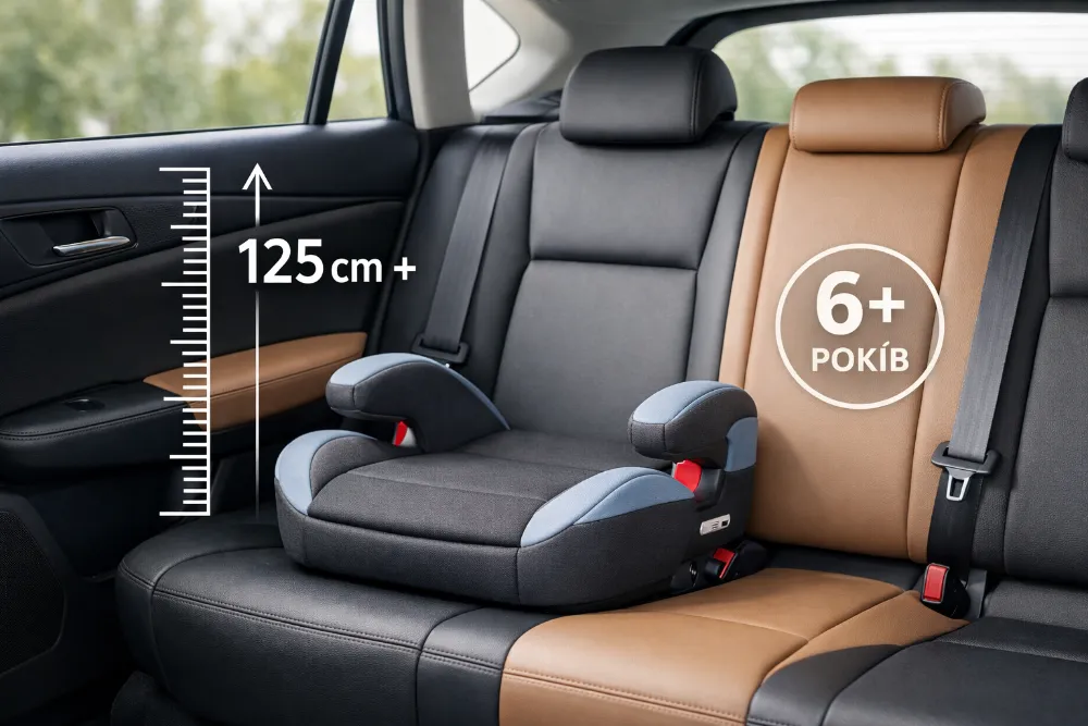 Дитячий бустер на задньому сидінні автомобіля з маркерами віку та зросту для безпечної поїздки