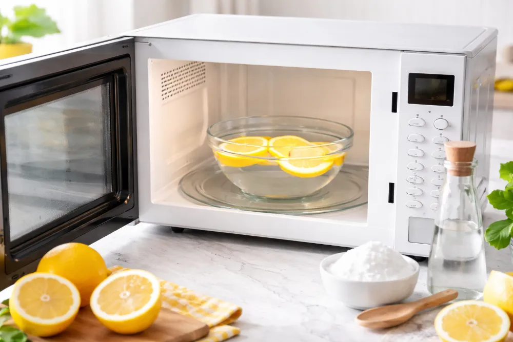 Відкрита мікрохвильовка з мискою води та скибочками лимона для усунення неприємного запаху вдома