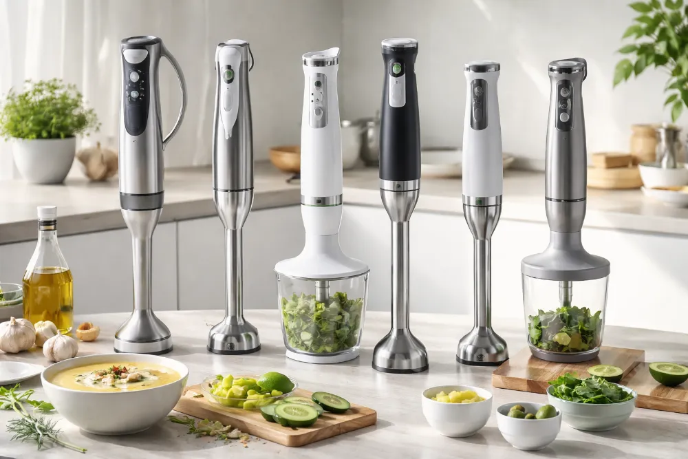 Занурювальні блендери на світлій кухонній поверхні з супом-пюре та овочами, приклад використання вдома