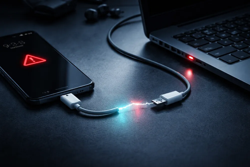 Комп’ютер не бачить телефон через USB — діагностика підключення Смартфон і ноутбук з USB-кабелем, візуальний розрив з’єднання як символ проблеми підключення телефону до комп’ютера