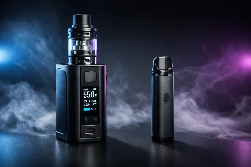 Порівняння вейпа та pod-системи: масивний вейп і компактна pod-система на темному фоні з парою
