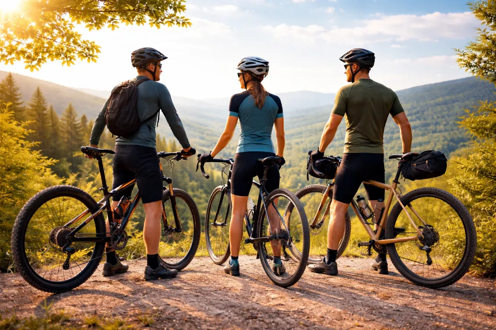 Гірський, шосейний і gravel велосипеди на тлі природи як візуальне порівняння типів велосипедів