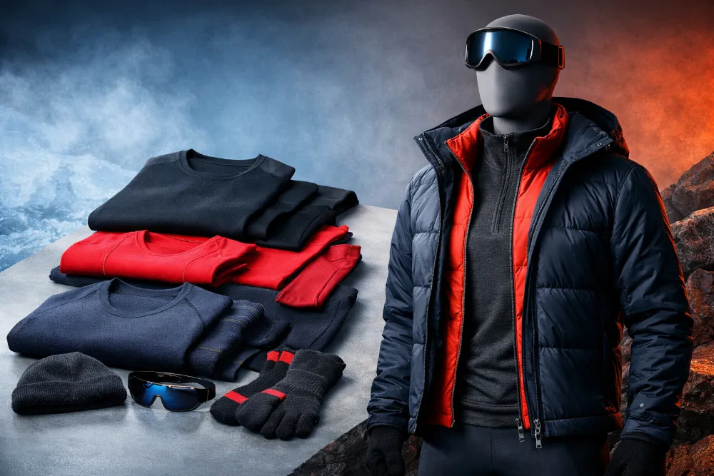 Термобілизна різних типів, викладена шарами та на манекені для активного відпочинку в холодну погоду