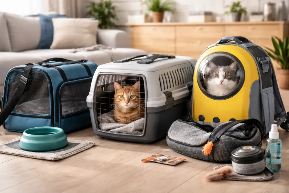 Різні переноски для котів: пластиковий бокс, м’яка сумка та рюкзак у домашньому інтер’єрі з котами
