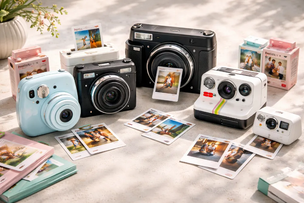 Фотоапарати миттєвого друку 2025 року з фотокартками на світлій поверхні у стилі ретро та сучасного дизайну