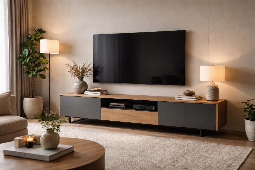 Сучасна вітальня з тумбою під телевізор, підібраною за пропорціями, у теплих бежево-деревних тонах