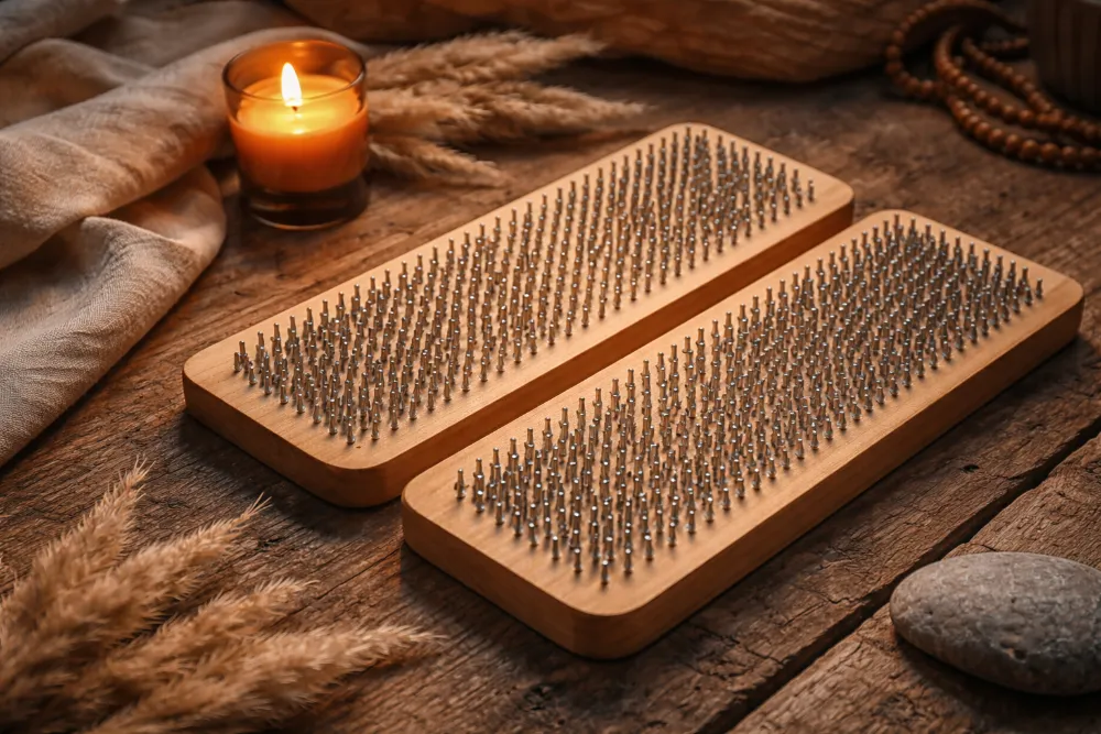 Дошка садху з металевими цвяхами на дерев’яній поверхні зі свічкою та натуральним текстилем