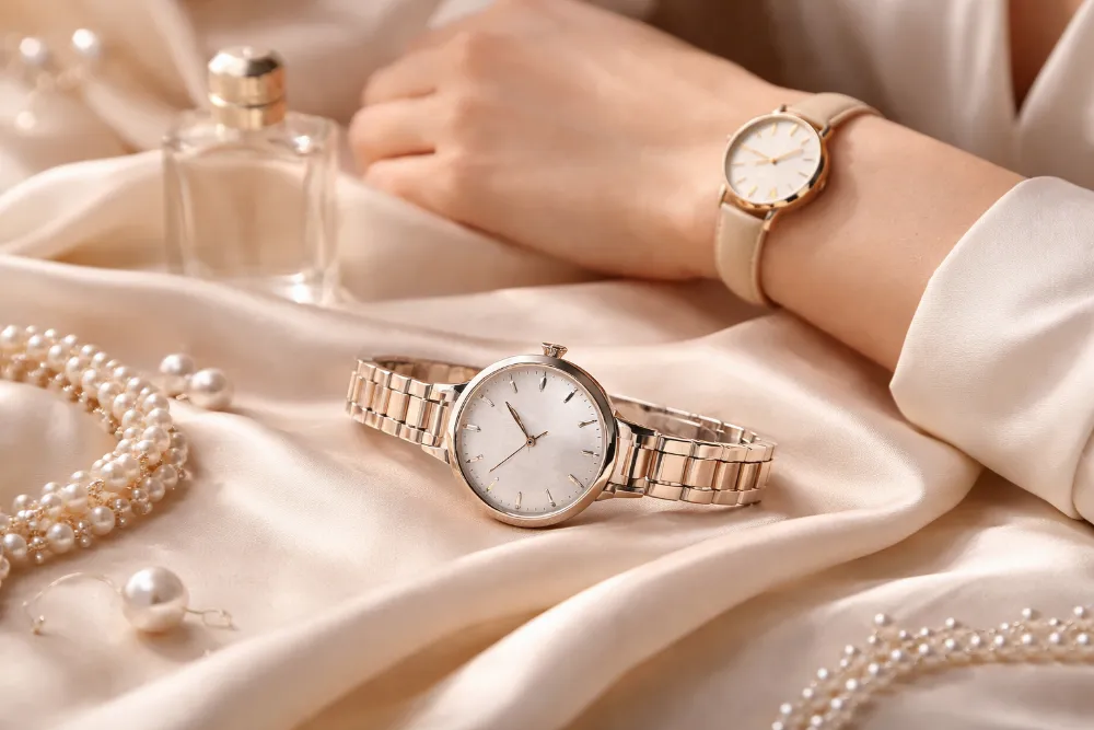 Жіночий годинник з тонким корпусом на зап’ясті й шовковій тканині у світлих пудрових відтінках