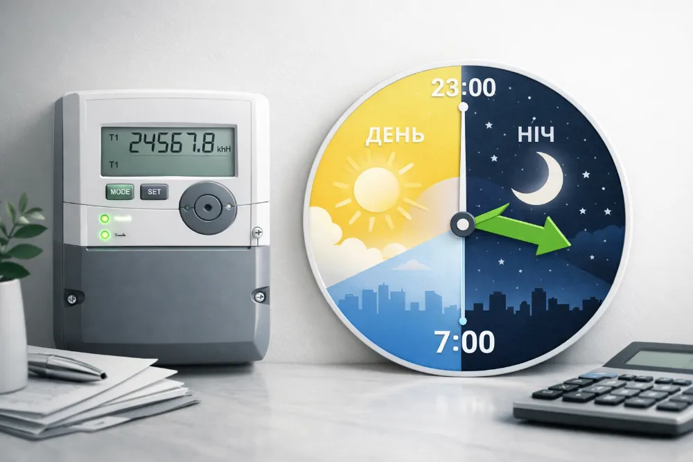 Сучасний електролічильник і циферблат день ніч, що ілюструє зонність тарифів та економію електроенергії