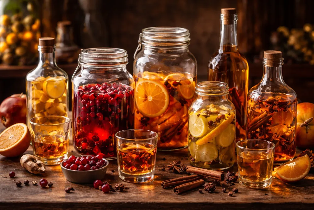 Домашні настоянки на горілці у скляних банках з апельсином, журавлиною, корицею та спеціями на дерев’яному столі