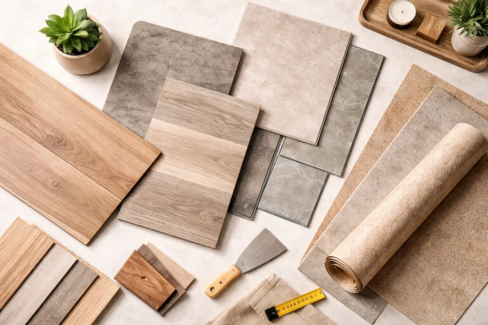 Порівняння ПВХ покриттів для підлоги: плитка, ламелі та рулонний лінолеум на світлому фоні