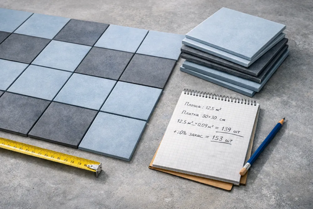 Розкладка плитки на підлозі з рулеткою, блокнотом і запасом плитки для точного розрахунку кількості