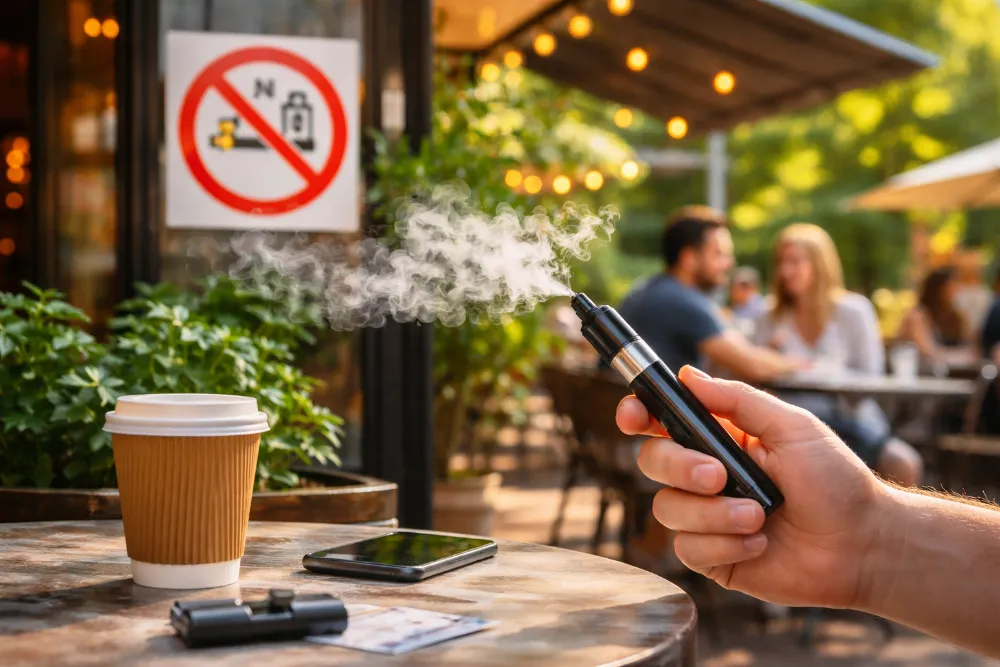 Електронна сигарета в кафе як приклад куріння у громадському місці Куріння електронної сигарети за столиком у кафе на відкритій терасі як приклад громадського простору в Україні
