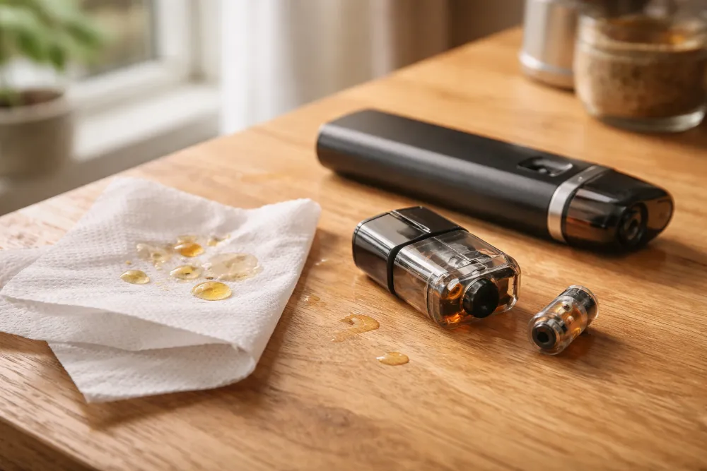 Pod-система на дерев’яному столі біля вікна, серветка з краплями рідини та розібраний картридж крупним планом