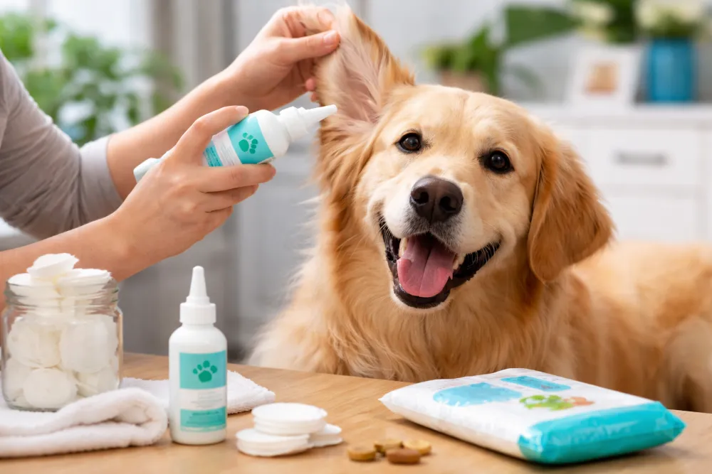 Процес чищення вух собаці в домашніх умовах з лосьйоном, ватними дисками та спокійною фіксацією