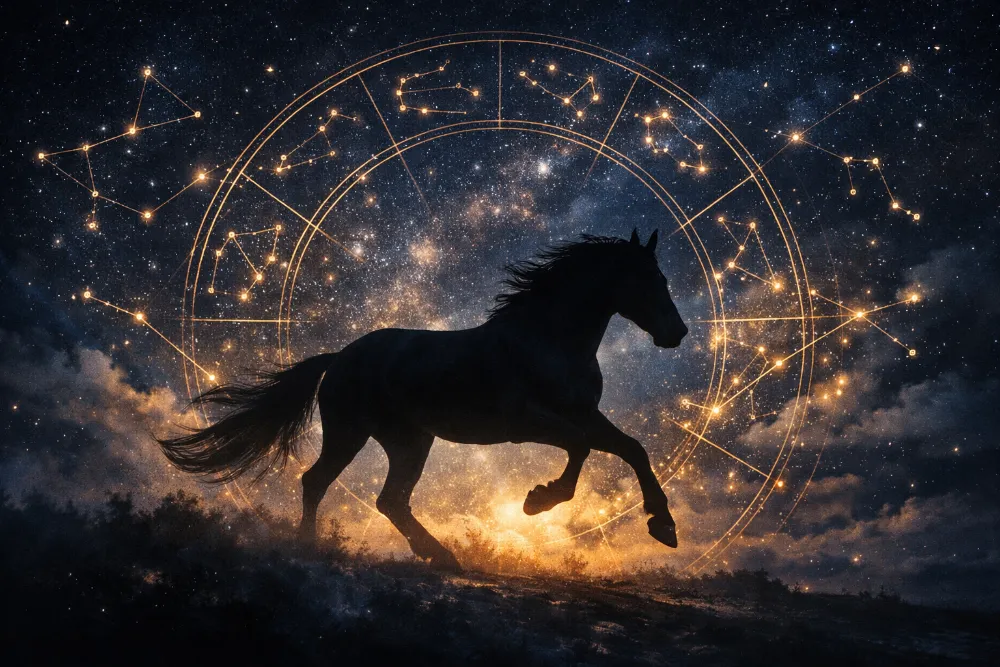 Силует коня в русі на тлі зоряного неба із зодіакальними сузір’ями та м’яким золотим світінням