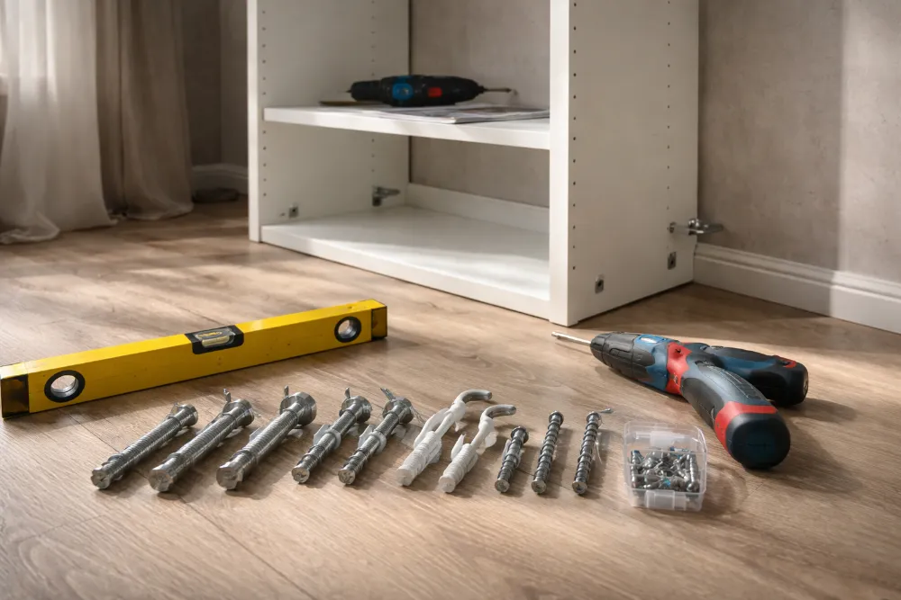 Кріплення для монтажу меблів до стіни: інструменти та підготовка Частково зібрані меблі біля стіни, дюбелі, анкери, рівень і викрутка на підлозі під час монтажу