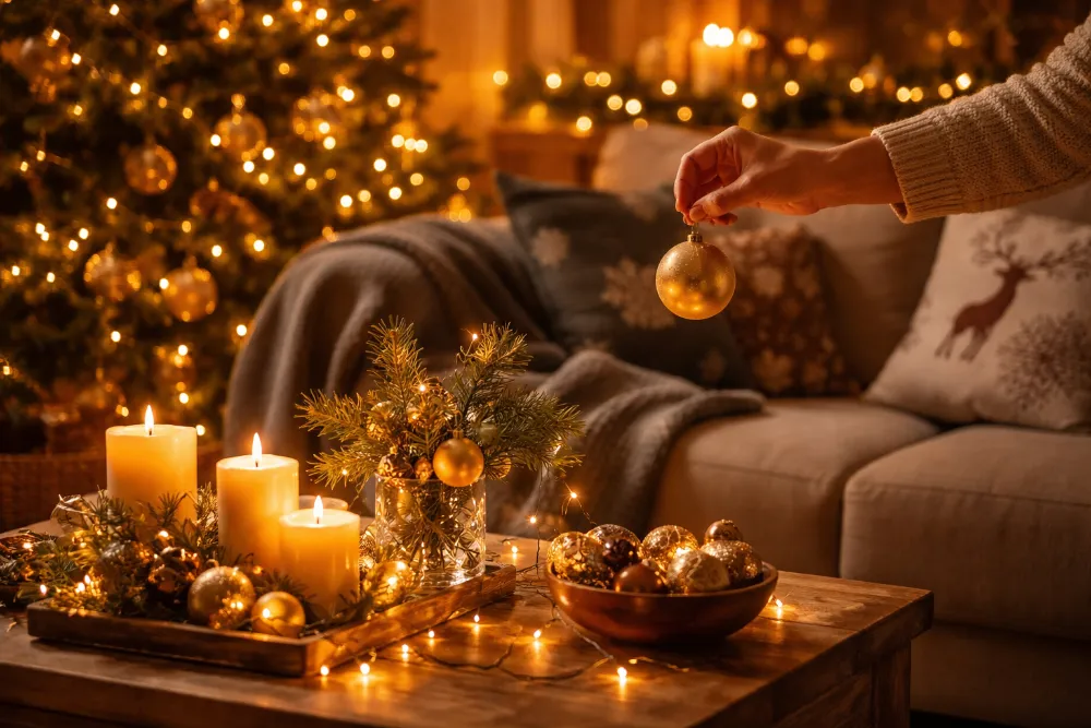 Затишна вітальня з новорічним декором у теплій вечірній атмосфері Новорічний декор у вітальні: тепле світло гірлянд, свічки та рука, що прикрашає простір