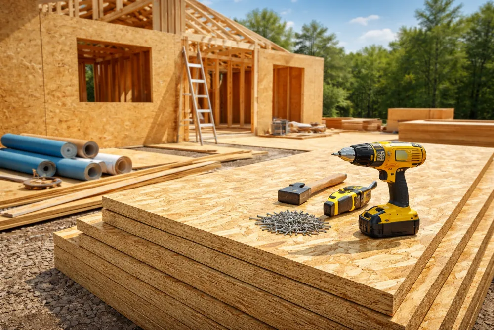 OSB плити, інструменти та каркас будинку на будівельному майданчику, приклад застосування OSB у будівництві