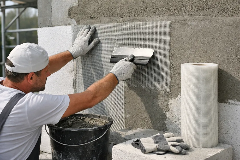 Армування фасаду склосіткою під час утеплення будинку Майстер накладає склосітку на фасад у шар клею шпателем під час утеплення будинку