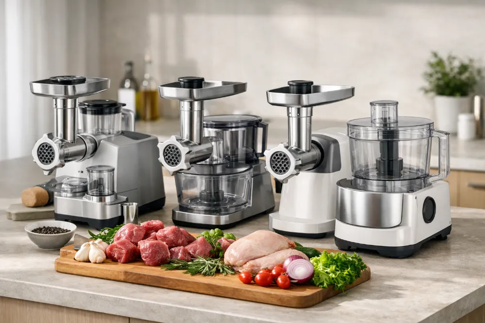 Кухонні комбайни з м’ясорубкою на сучасній кухні Сучасні кухонні комбайни з м’ясорубками на світлому кухонному острові з м’ясом та овочами, редакційний стиль