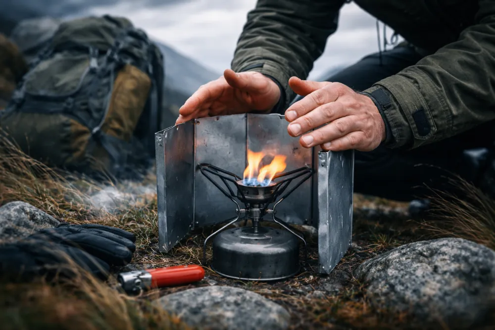 Розпалювання туристичного пальника у вітряну погоду в поході Турист розпалює пальник на відкритому просторі, захищаючи полум’я від сильного вітру вітрозахисним екраном