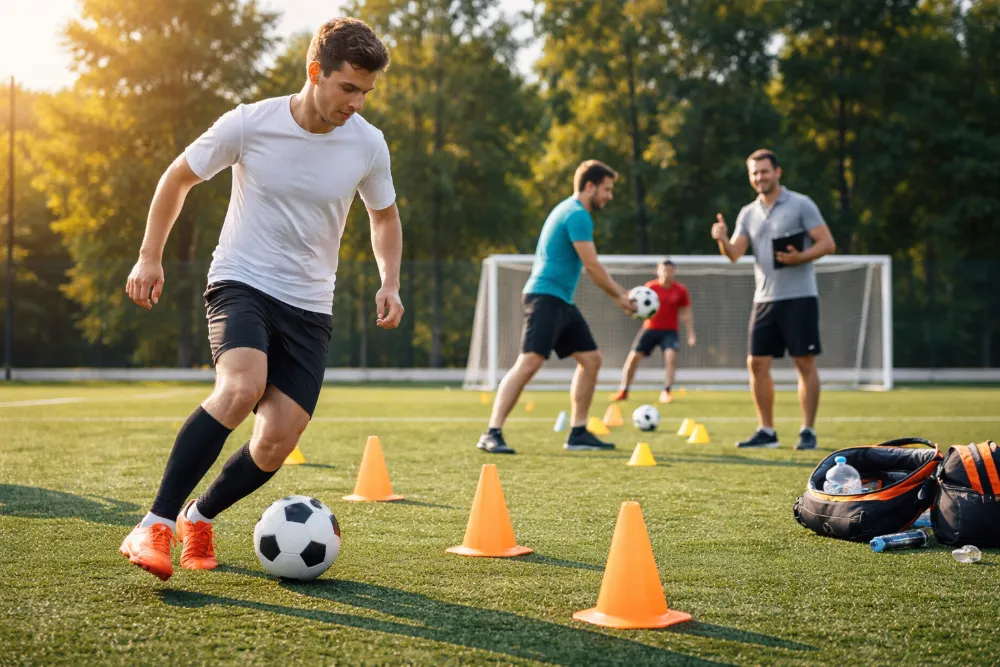 Тренування з футболу для початківців на відкритому полі Початківці тренуються з футбольним м’ячем і конусами під час аматорського заняття на полі на свіжому повітрі