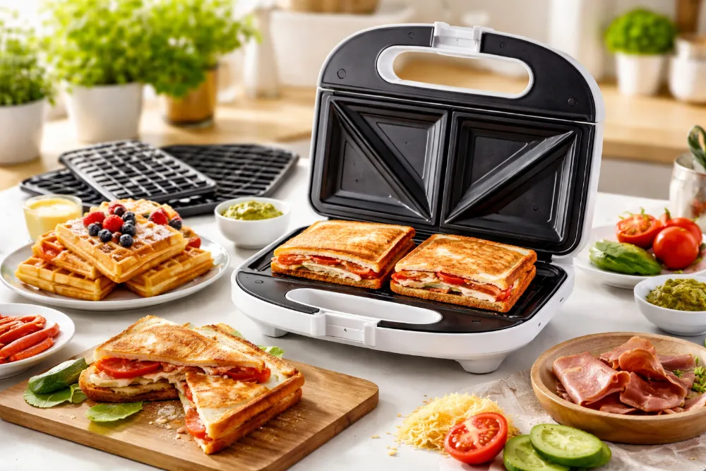 Бутербродниця з хрусткими сендвічами, вафлями та свіжими інгредієнтами на світлій кухні