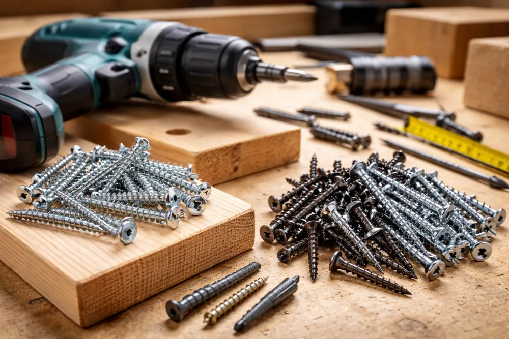 Шурупи та саморізи на робочому столі під час монтажу Шурупи та саморізи на дерев’яному столі поруч із шуруповертом як приклад вибору кріплення для різних робіт
