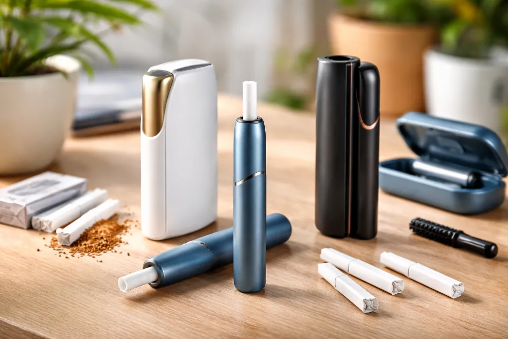 Різні типи систем нагрівання тютюну зі стіками, зарядним кейсом і аксесуарами для догляду