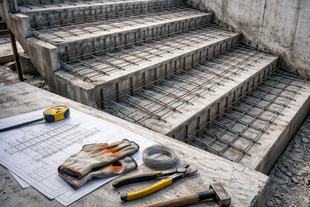 Армування бетонних сходів на етапі зведення — арматурний каркас Бетонні сходи під час будівництва з видимим арматурним каркасом, кресленням армування та будівельними інструментами