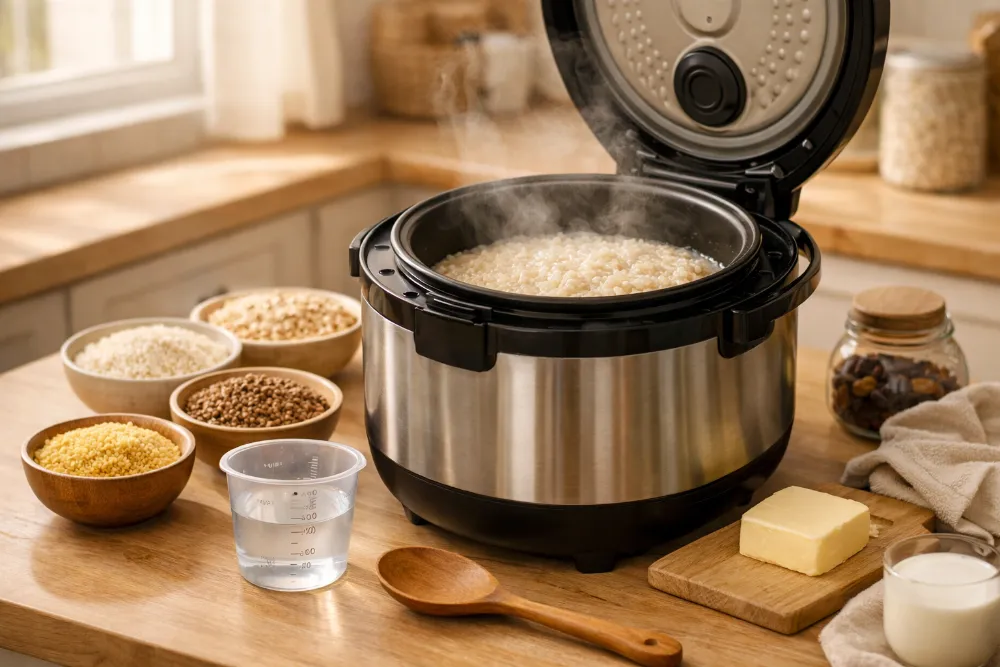 Мультиварка з відкритою кришкою та щойно звареною кашею, поруч крупи, мірна склянка і дерев’яна ложка на кухні