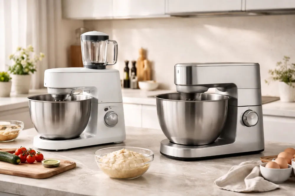 Порівняння двох кухонних комбайнів Bosch і Kenwood на кухонній поверхні в світлому інтер’єрі