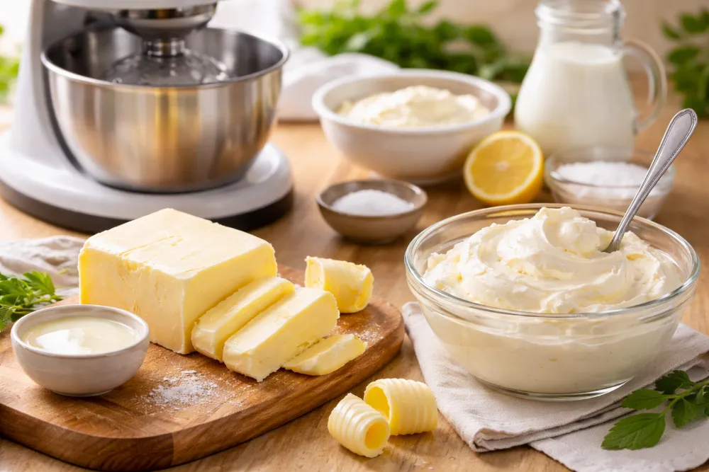 Домашнє вершкове масло і сир маскарпоне з вершків, приготовані в міксері на кухонному столі без тексту