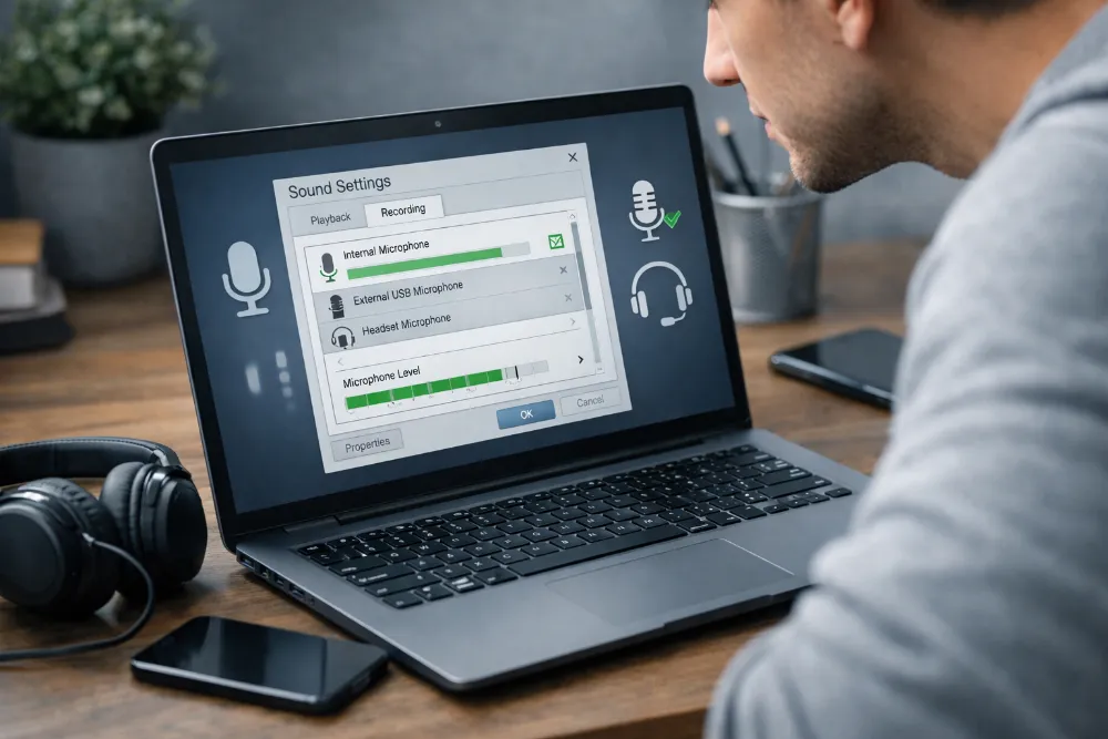 Користувач перевіряє налаштування мікрофона на ноутбуці, поруч навушники та смартфон на робочому столі
