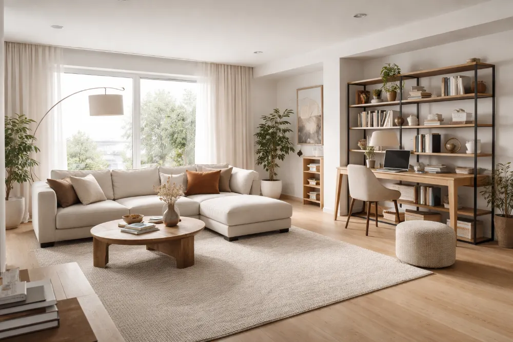 Світла велика кімната з зонуванням меблями, світлом і текстилем у сучасному інтер’єрі