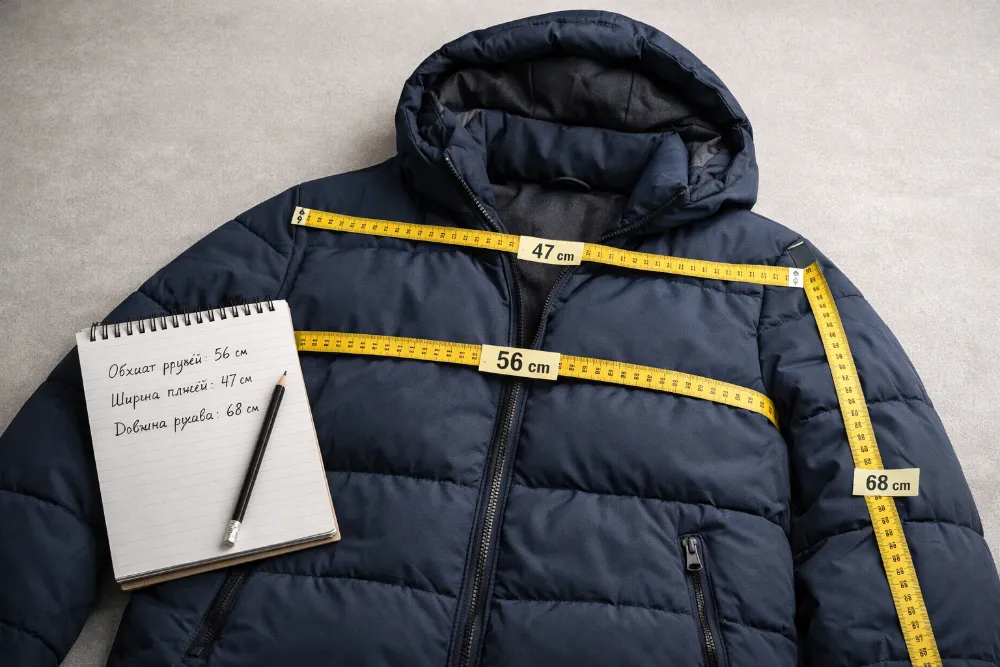 Куртка з сантиметровою стрічкою, що показує заміри грудей, плечей і рукава для вибору правильного розміру