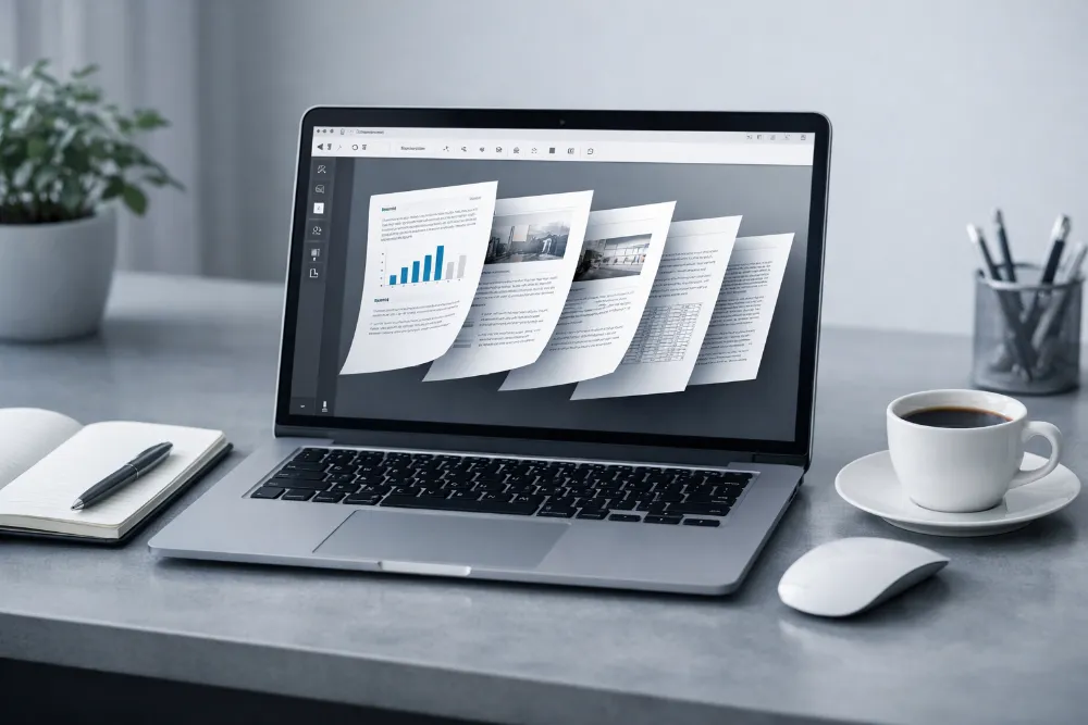 Ноутбук на столі з PDF-файлом, розділеним на сторінки, поруч блокнот, миша та чашка кави